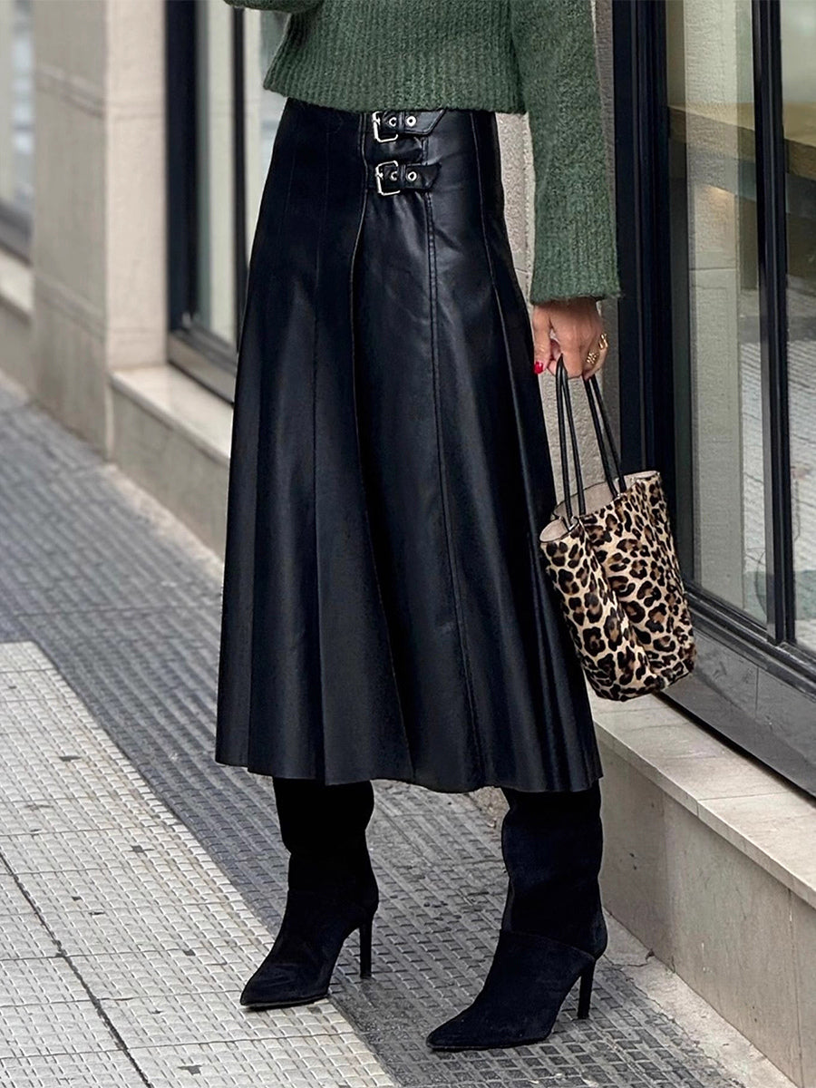 Black Vintage Pleated Faux Leather Midi Skirt With Double Buckle For Women 2026