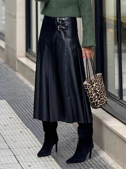 Black Vintage Pleated Faux Leather Midi Skirt With Double Buckle For Women 2026