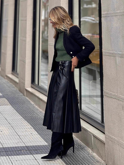 Black Vintage Pleated Faux Leather Midi Skirt With Double Buckle For Women 2026