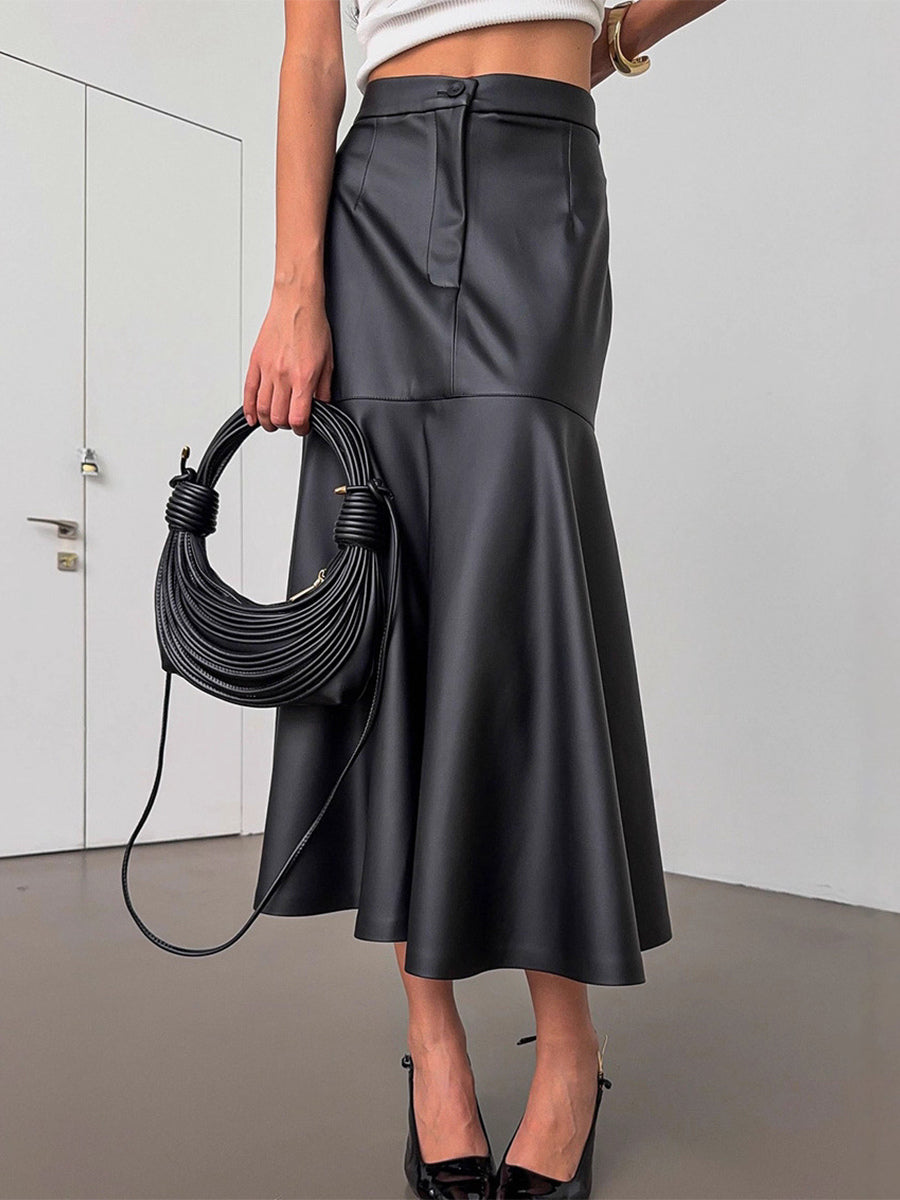 Elegant High Waist Mermaid Hem Faux Leather Midi Skirt For Women 2026