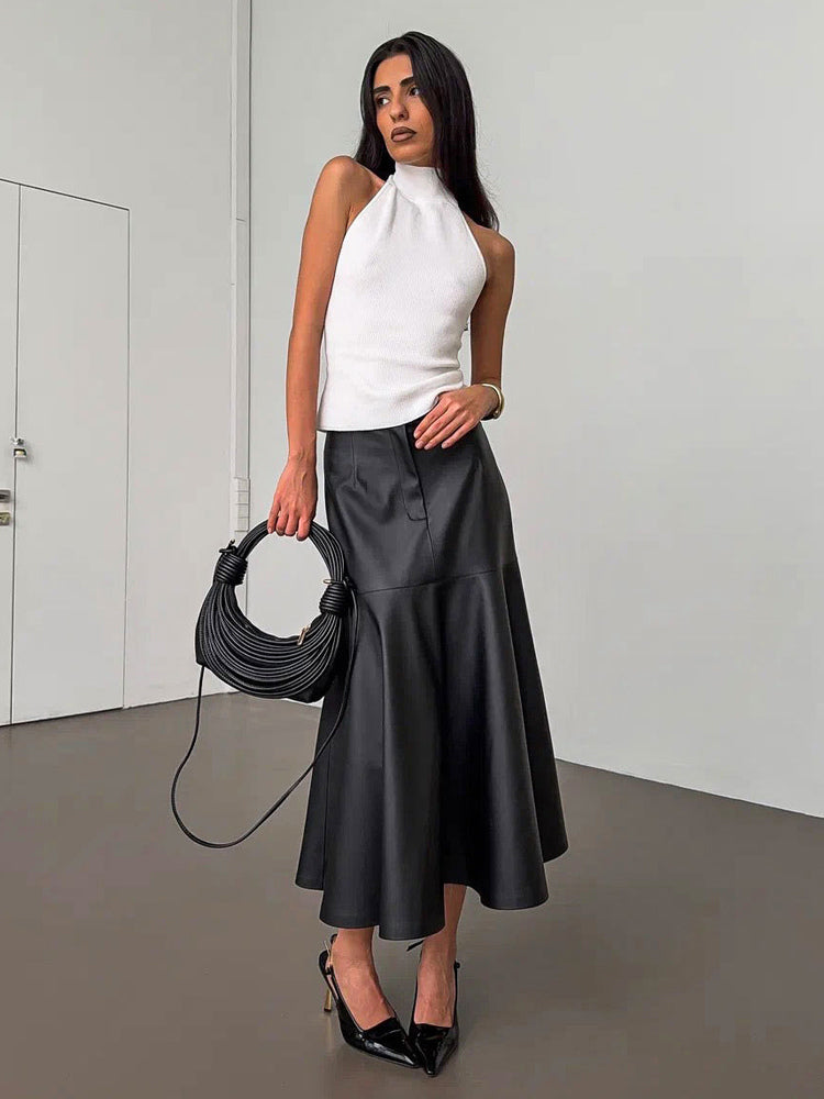 Elegant High Waist Mermaid Hem Faux Leather Midi Skirt For Women 2026
