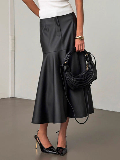 Elegant High Waist Mermaid Hem Faux Leather Midi Skirt For Women 2026