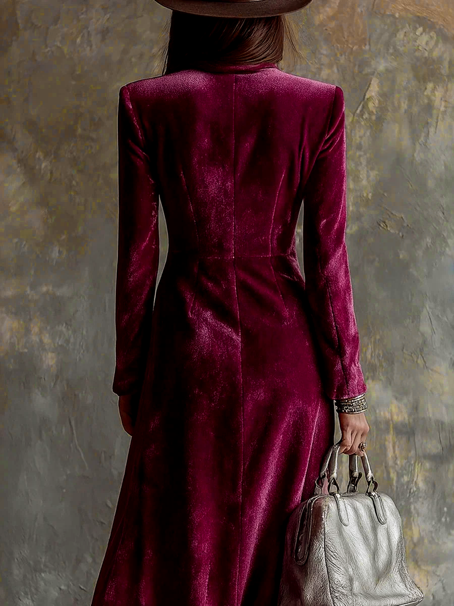 Suit Collar Double-breasted Slim Fit Velvet Maxi Dresses