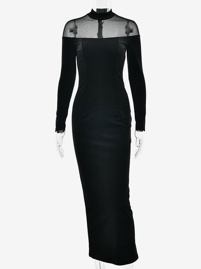 Velvet Mesh Patchwork High Neck Long Sleeve Bodycon Maxi Dress For Women 2026