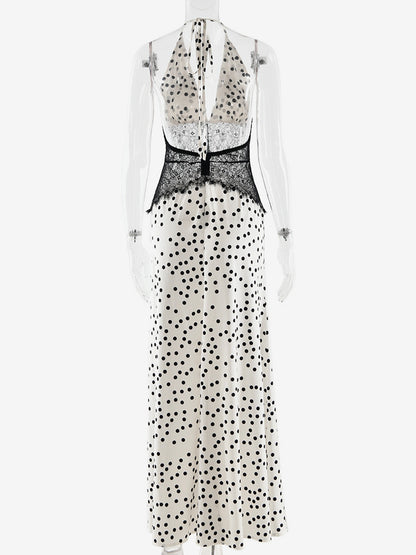 Vintage Polka Dot Halter Deep V Neck Lace Patchwork Maxi Dress For Women 2026