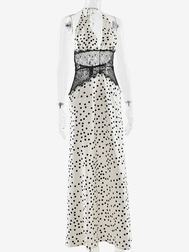 Vintage Polka Dot Halter Deep V Neck Lace Patchwork Maxi Dress For Women 2026
