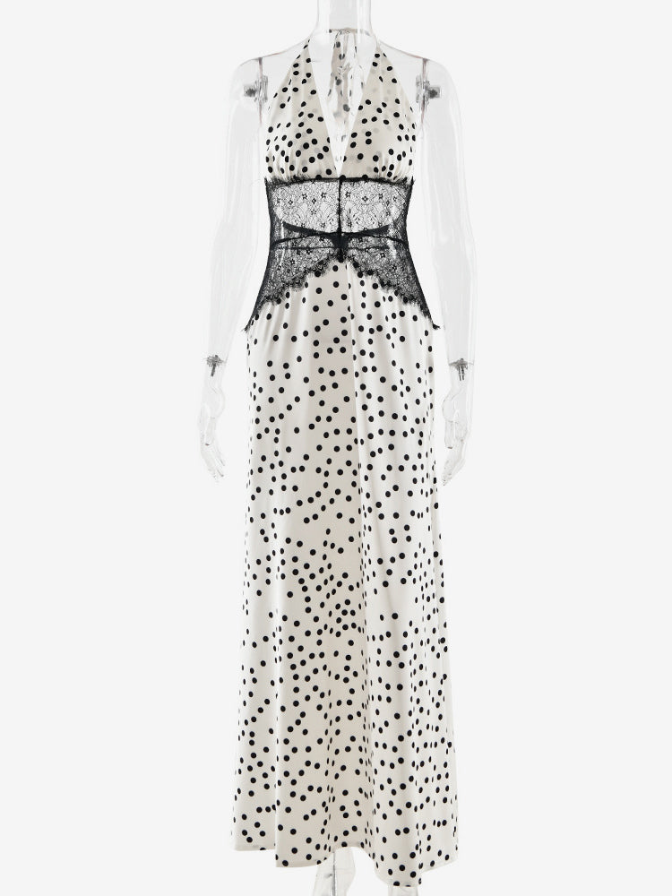 Vintage Polka Dot Halter Deep V Neck Lace Patchwork Maxi Dress For Women 2026
