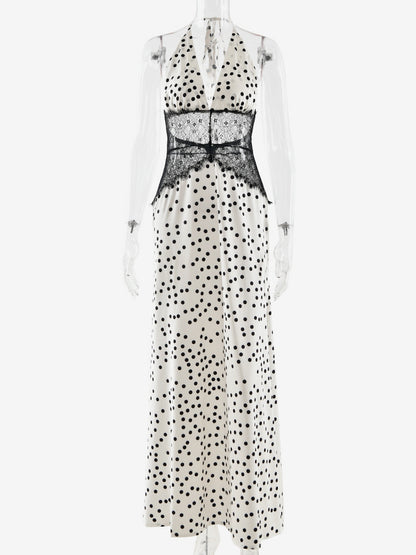 Vintage Polka Dot Halter Deep V Neck Lace Patchwork Maxi Dress For Women 2026