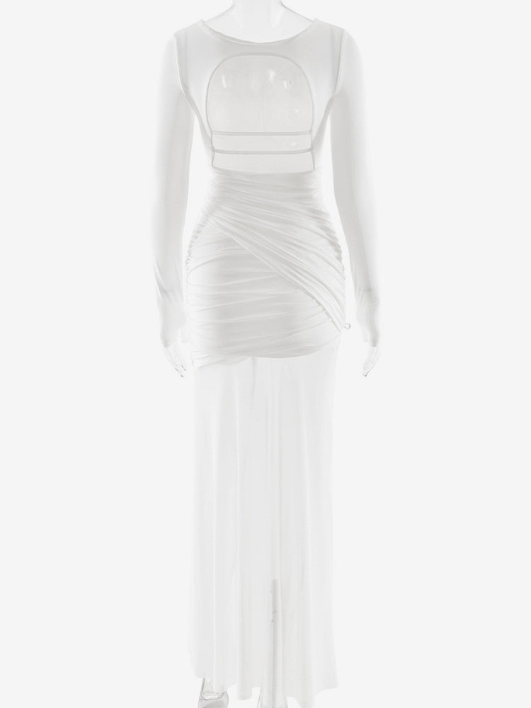 Backless Cutout Ruched Side Slit Sheer Maxi Evening Dress For Women 2026