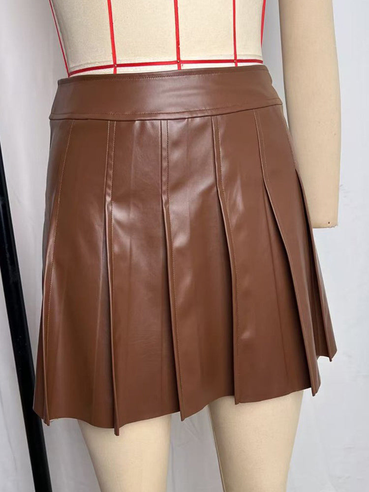 High Waist Chocolate Faux Leather Knife Pleat Mini Skirt For Women 2026
