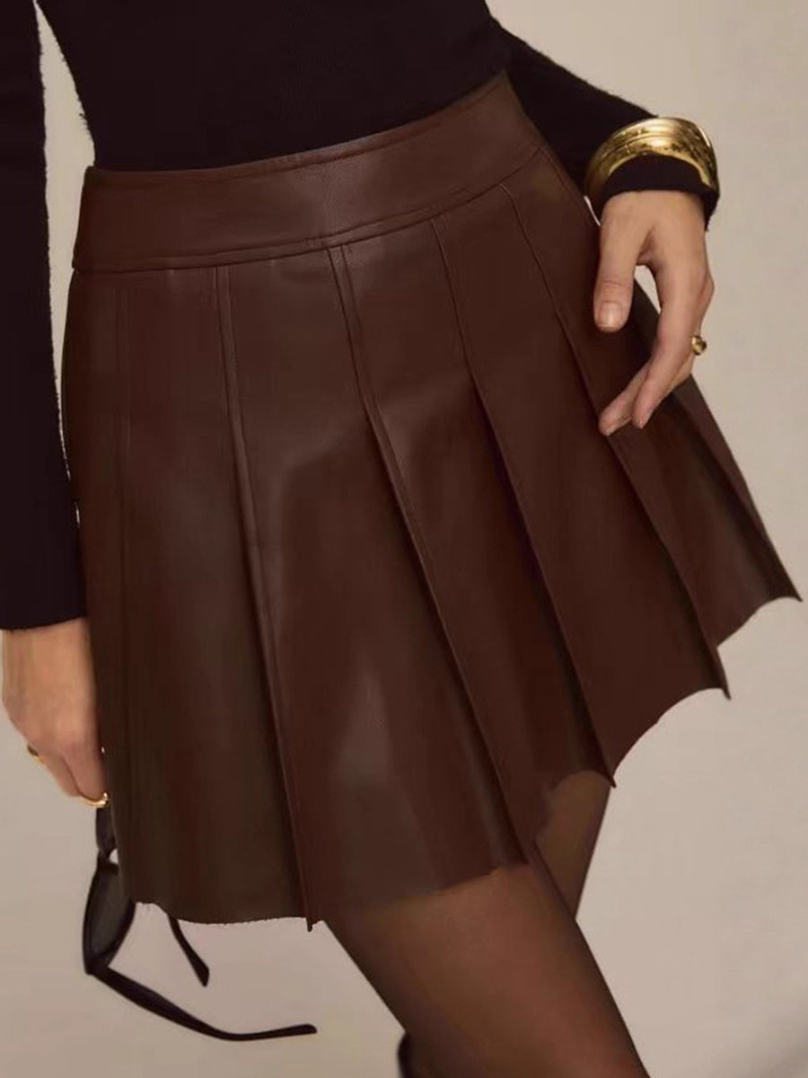 High Waist Chocolate Faux Leather Knife Pleat Mini Skirt For Women 2026