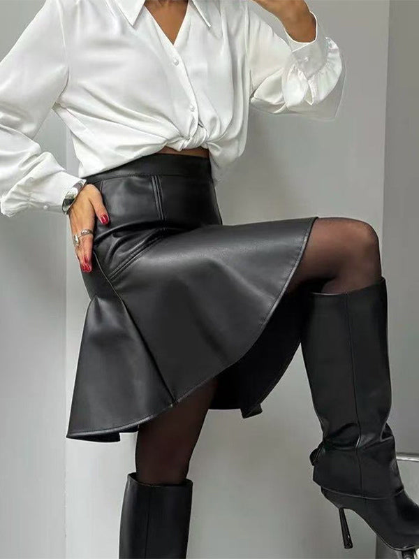 High Waist Faux Leather Ruffled Hem Mermaid Mini Skirt For Women 2026