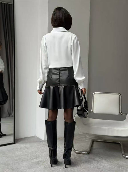 High Waist Faux Leather Ruffled Hem Mermaid Mini Skirt For Women 2026