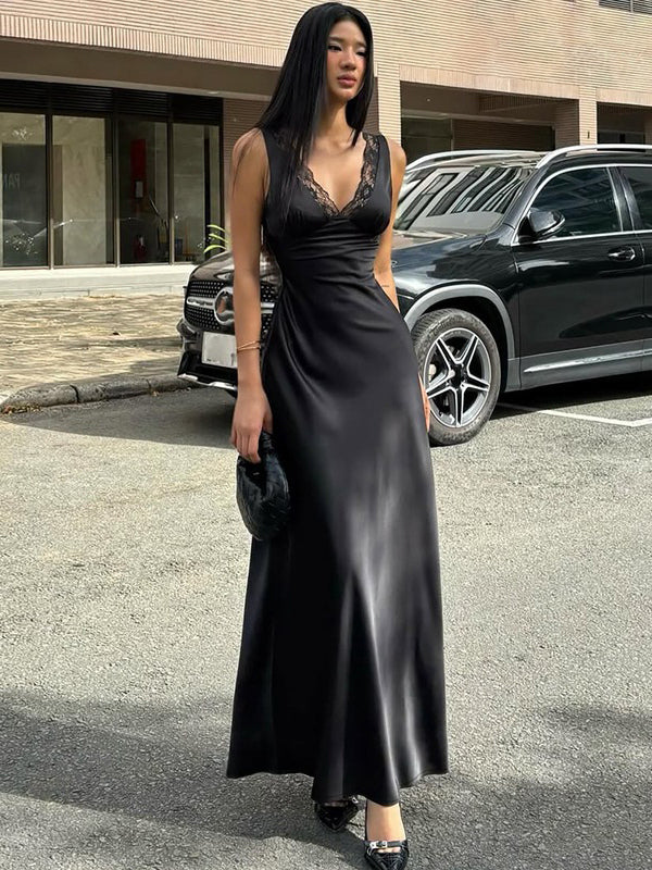 Black V Neck Lace Trim Slip Maxi Dress For Women 2026