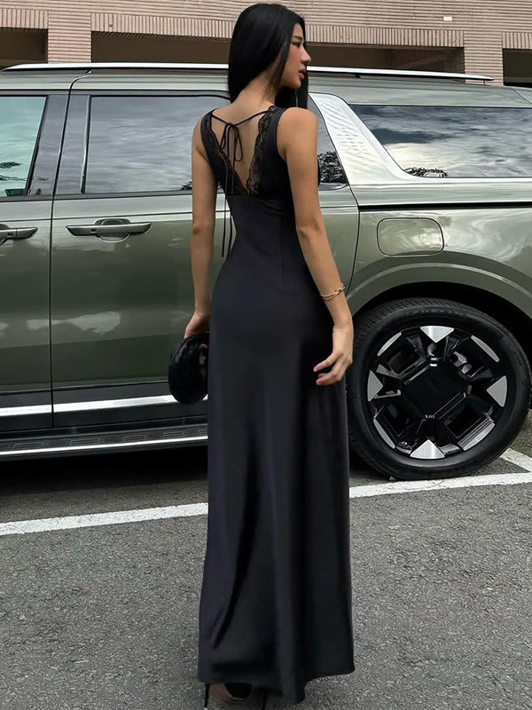 Black V Neck Lace Trim Slip Maxi Dress For Women 2026