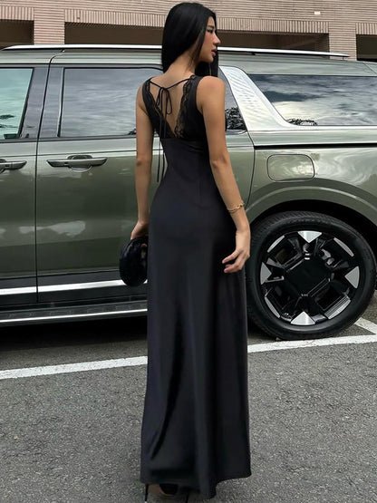 Black V Neck Lace Trim Slip Maxi Dress For Women 2026
