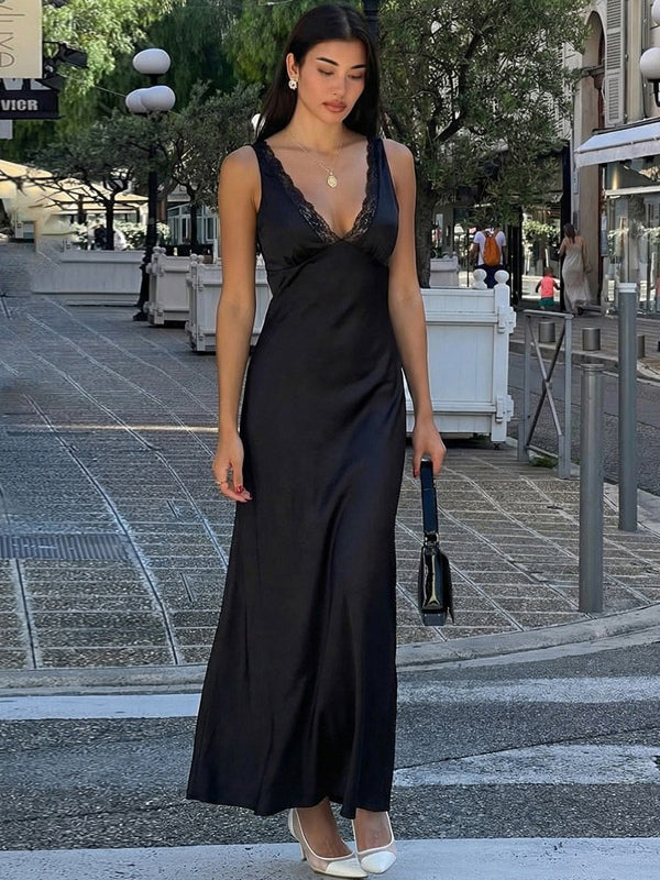 Black V Neck Lace Trim Slip Maxi Dress For Women 2026
