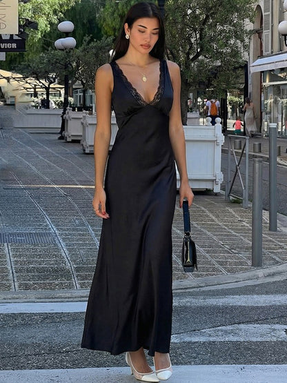 Black V Neck Lace Trim Slip Maxi Dress For Women 2026