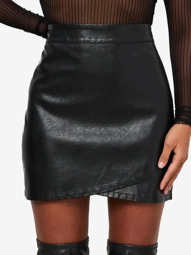 Asymmetric Wrap Hem High Waist Faux Leather Mini Skirt For Women 2026