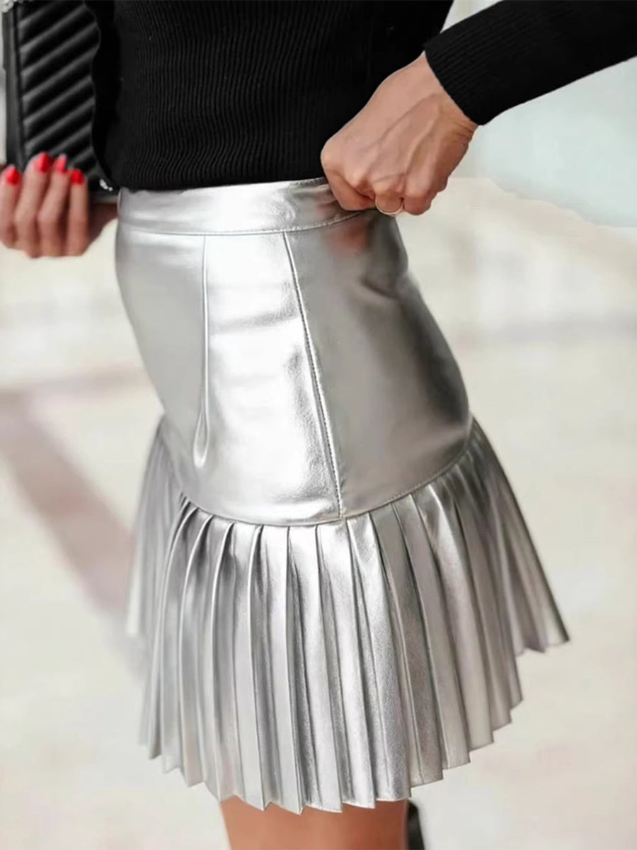 High Waist Faux Leather Accordion Pleat Flared Mini Skirt For Women 2026