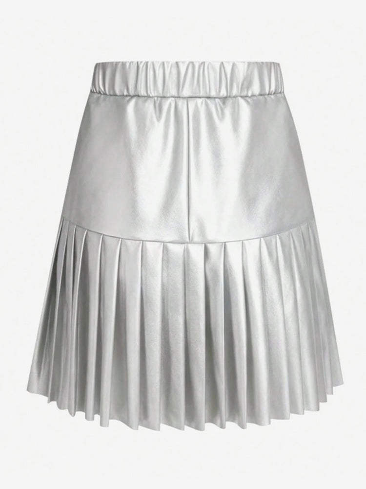 High Waist Faux Leather Accordion Pleat Flared Mini Skirt For Women 2026