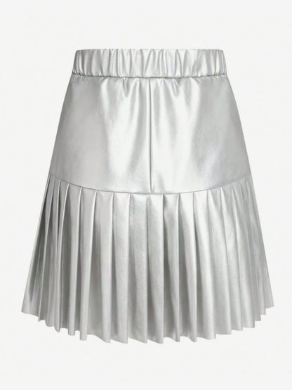 High Waist Faux Leather Accordion Pleat Flared Mini Skirt For Women 2026