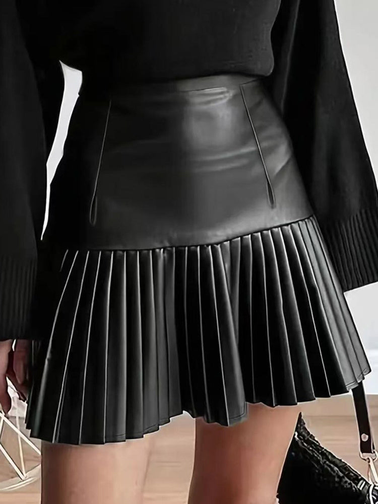 High Waist Faux Leather Accordion Pleat Flared Mini Skirt For Women 2026