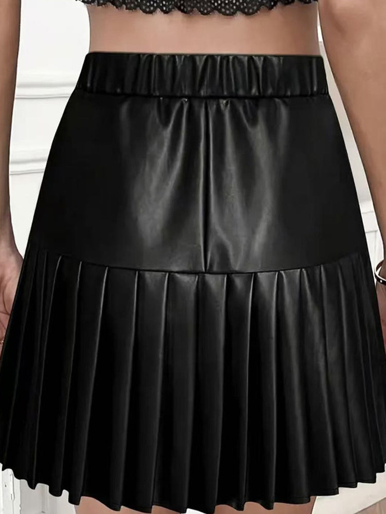 High Waist Faux Leather Accordion Pleat Flared Mini Skirt For Women 2026