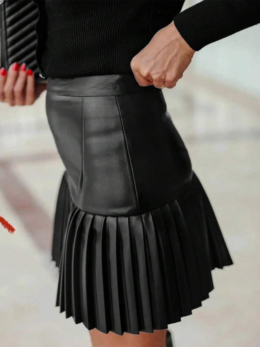 High Waist Faux Leather Accordion Pleat Flared Mini Skirt For Women 2026