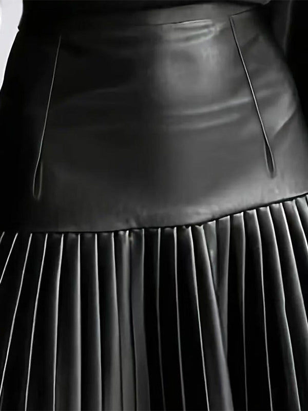 High Waist Faux Leather Accordion Pleat Flared Mini Skirt For Women 2026