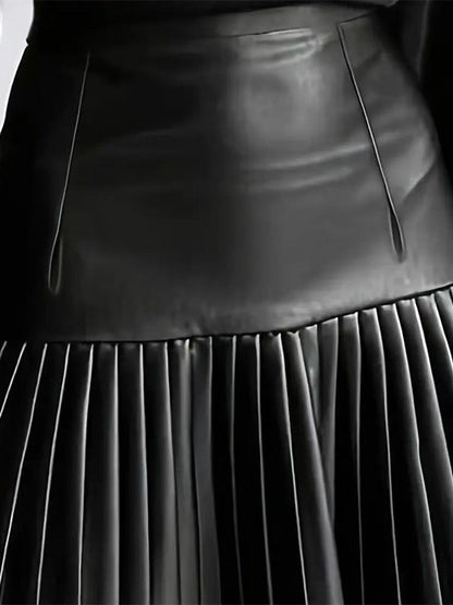 High Waist Faux Leather Accordion Pleat Flared Mini Skirt For Women 2026