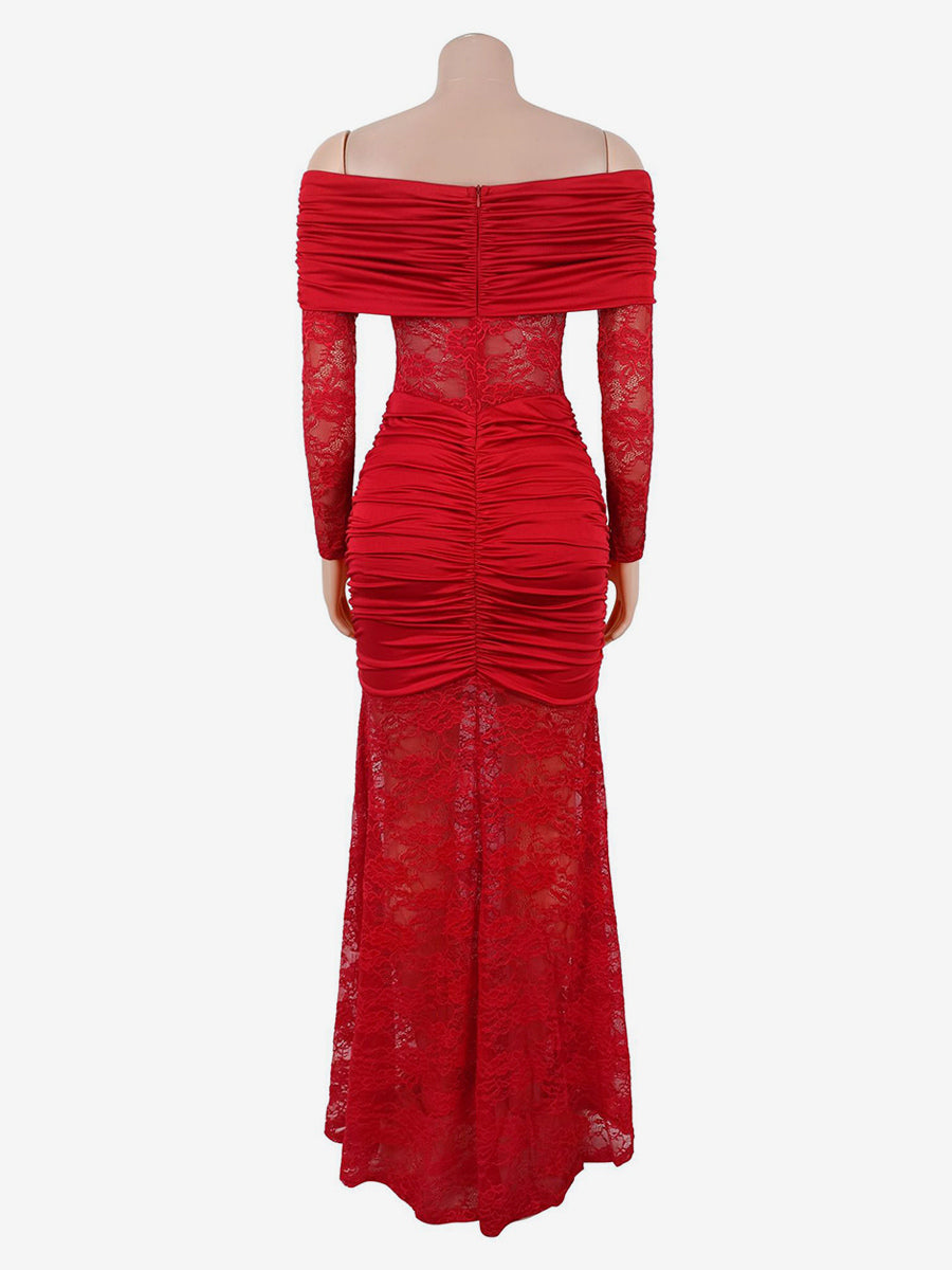 Off Shoulder Ruched Lace Sheer Panel Slim Fit Fishtail Long Gown For Women 2026