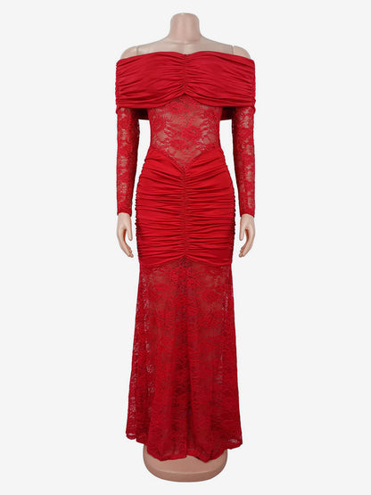 Off Shoulder Ruched Lace Sheer Panel Slim Fit Fishtail Long Gown For Women 2026