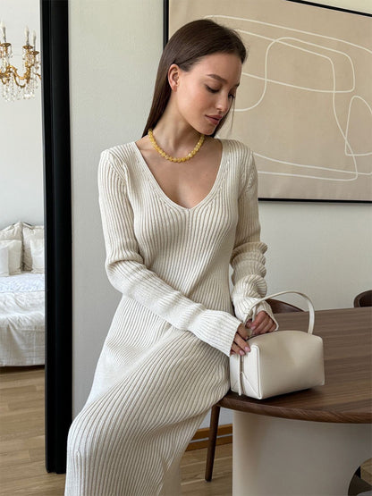 Ribbed Knit V-Neck Slim Fit Long Sleeve Bodycon Maxi Sweater Dress For Women 2026