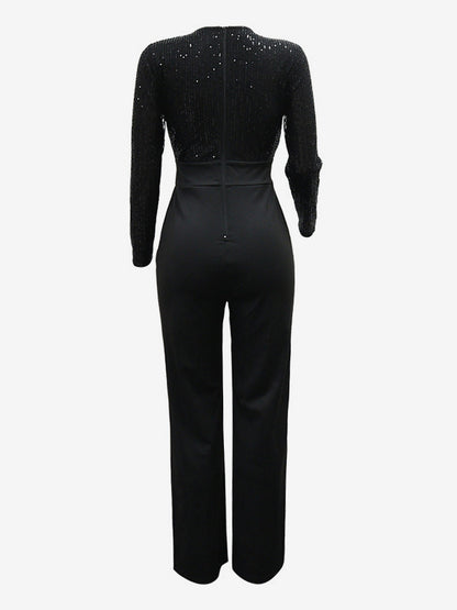 Sequined Stripe V-Neck Belted Wide Leg Party Jumpsuit For Women 2026
