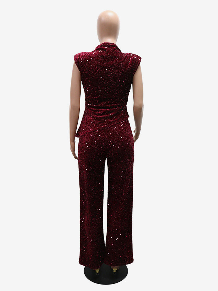 High Neck Sleeveless Sparkly Sequin Wide Leg Party Jumpsuit For Women 2026