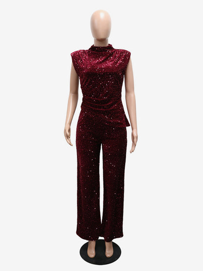 High Neck Sleeveless Sparkly Sequin Wide Leg Party Jumpsuit For Women 2026