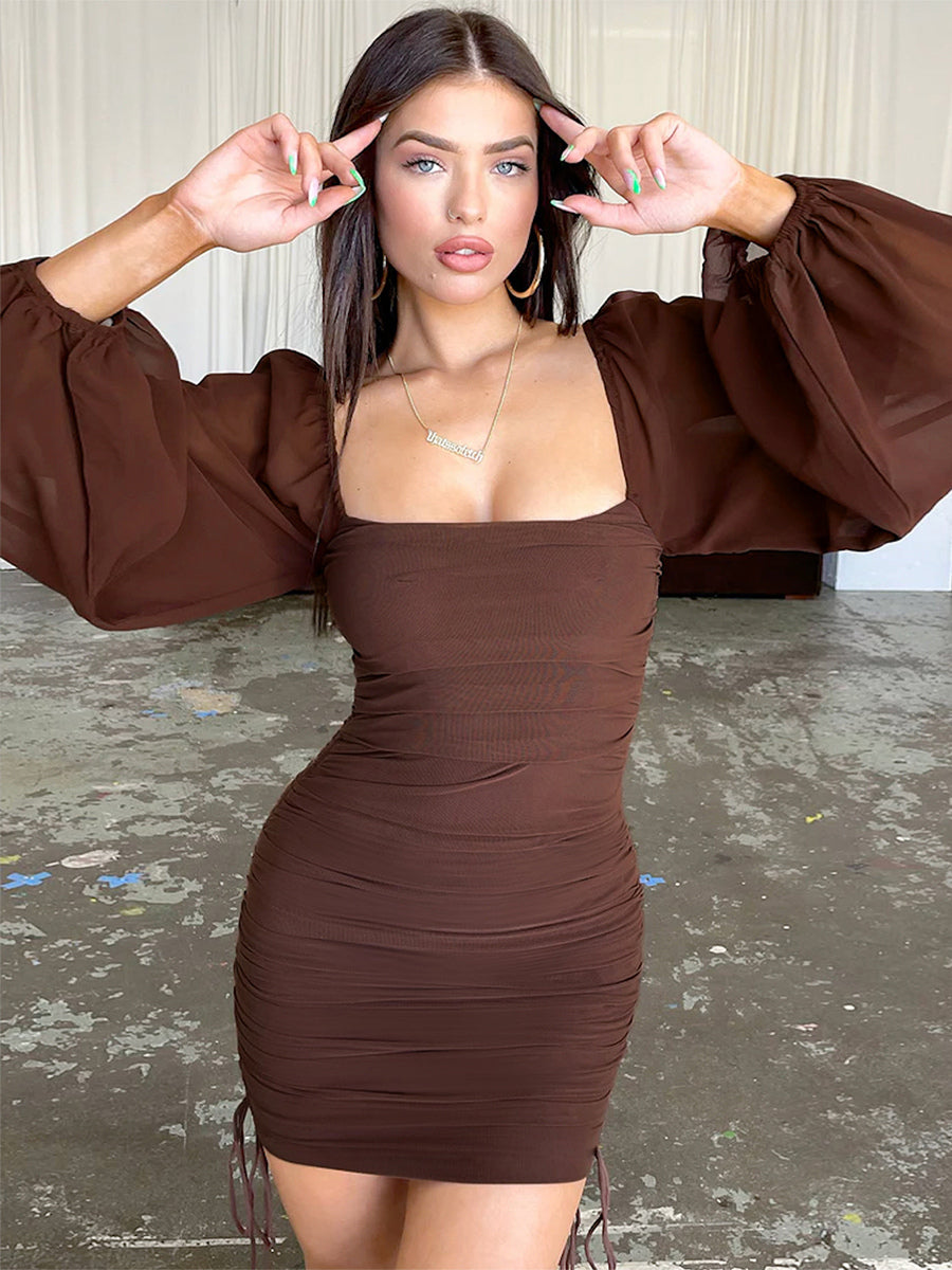 Sheer Lantern Sleeve Square Neck Ruched Bodycon Mini Dress For Women 2026