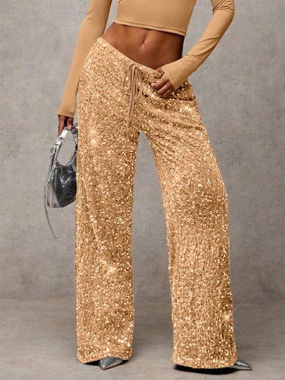 Sequin Drawstring Wide Leg Party Trousers For Women 2026