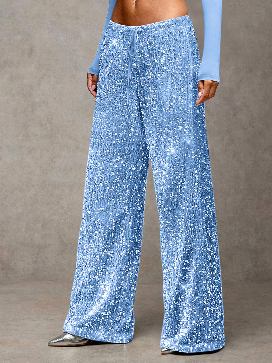 Sequin Drawstring Wide Leg Party Trousers For Women 2026