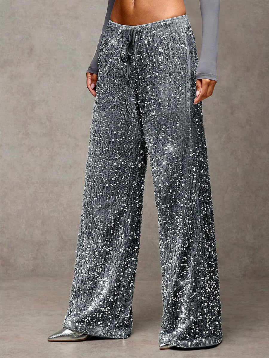 Sequin Drawstring Wide Leg Party Trousers For Women 2026