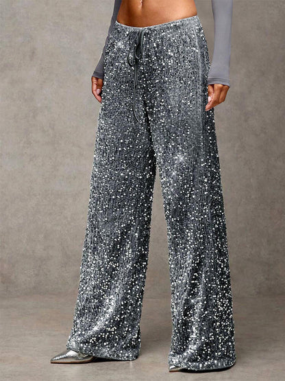 Sequin Drawstring Wide Leg Party Trousers For Women 2026