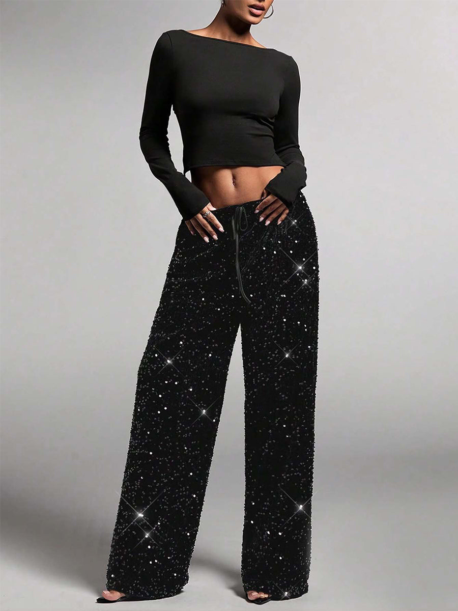 Sequin Drawstring Wide Leg Party Trousers For Women 2026