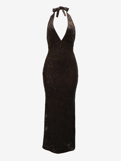 Deep V Neck Sequin Floral Halter Backless Bodycon Maxi Dress For Women 2026