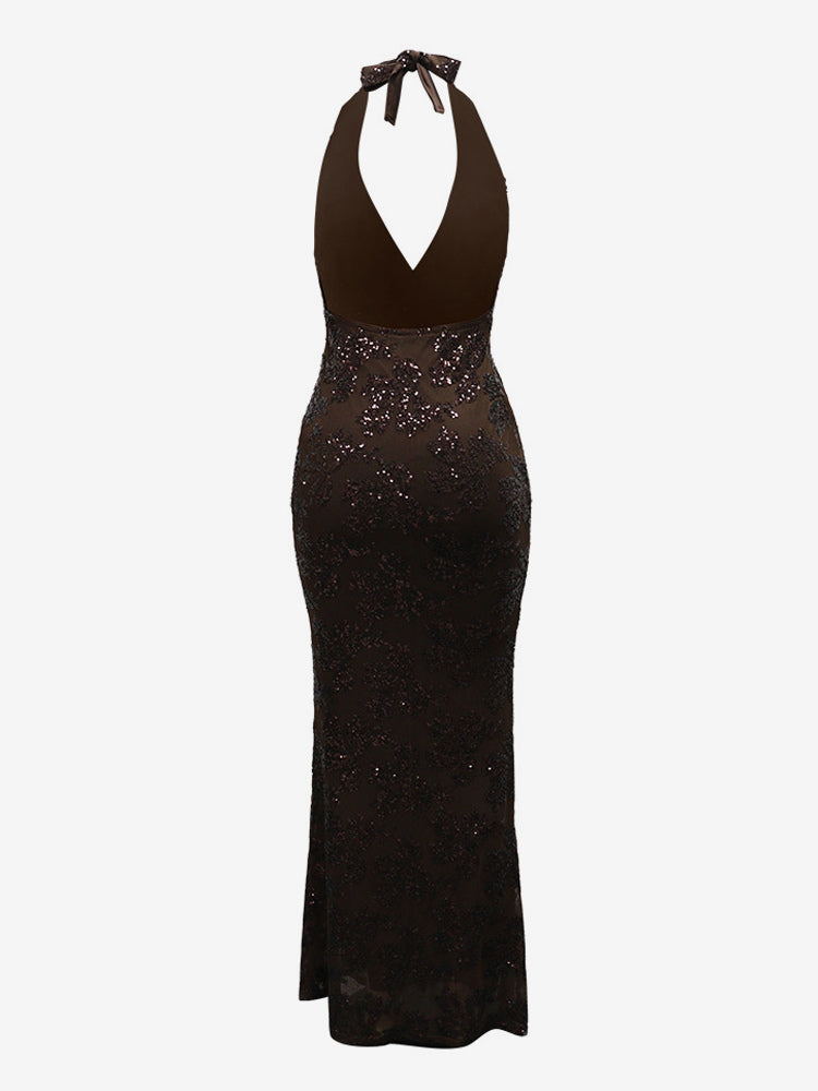 Deep V Neck Sequin Floral Halter Backless Bodycon Maxi Dress For Women 2026