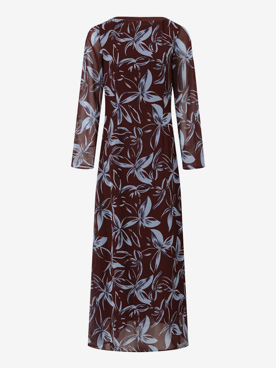 Floral Print Long Sleeve Slim Fit Maxi Bodycon Retro Dress For Women 2026