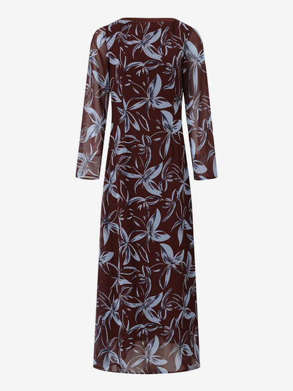 Floral Print Long Sleeve Slim Fit Maxi Bodycon Retro Dress For Women 2026