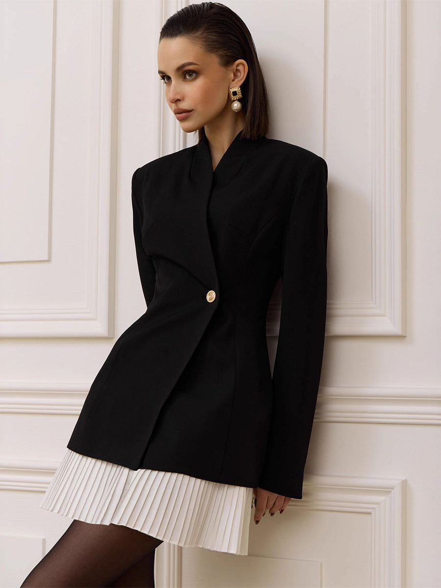 Pleated Patchwork Long Sleeve Mini Blazer Dress For Women 2026