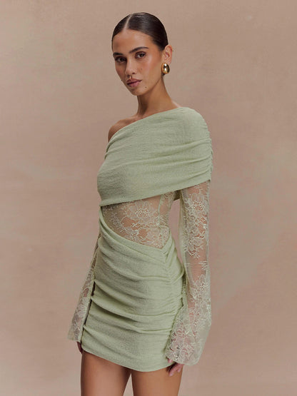 Off Shoulder Lace Long Sleeve Ruched Mini Bodycon Dress For Women 2026