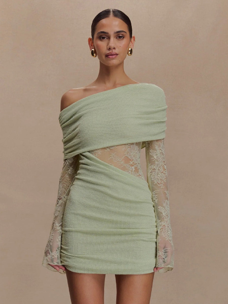 Off Shoulder Lace Long Sleeve Ruched Mini Bodycon Dress For Women 2026